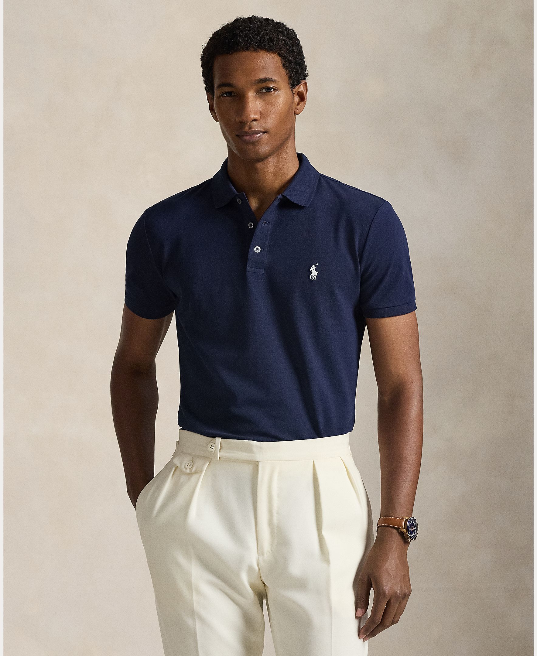 Polo de Piqué Elástico Custom Slim Fit Azul-marinho-1