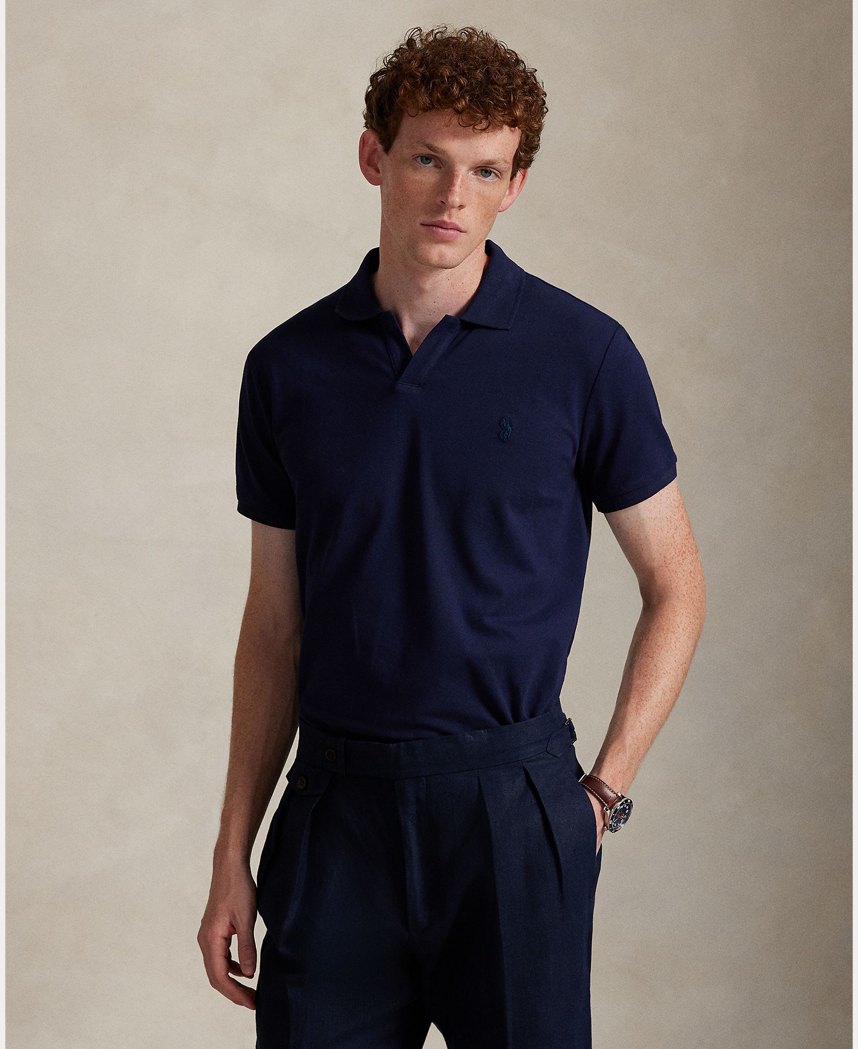 Polo de Piqué Elástico Custom Slim Fit Azul-marinho-1