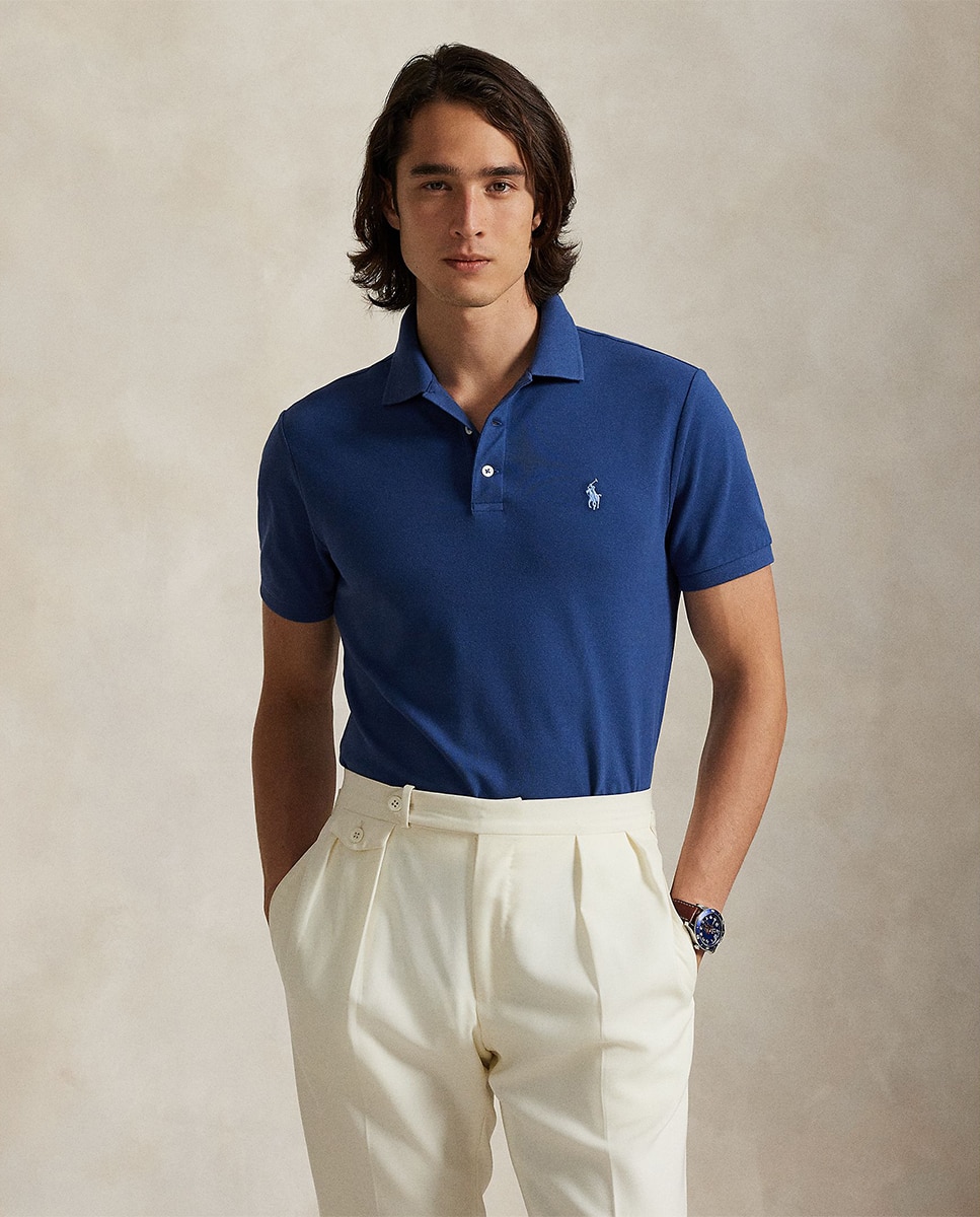 Polo de Piqué Elástico Custom Slim Fit Azul-1