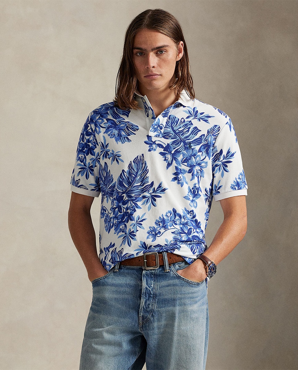 Polo de Piqué Tropical Custom Slim Fit Branco / Azul-1