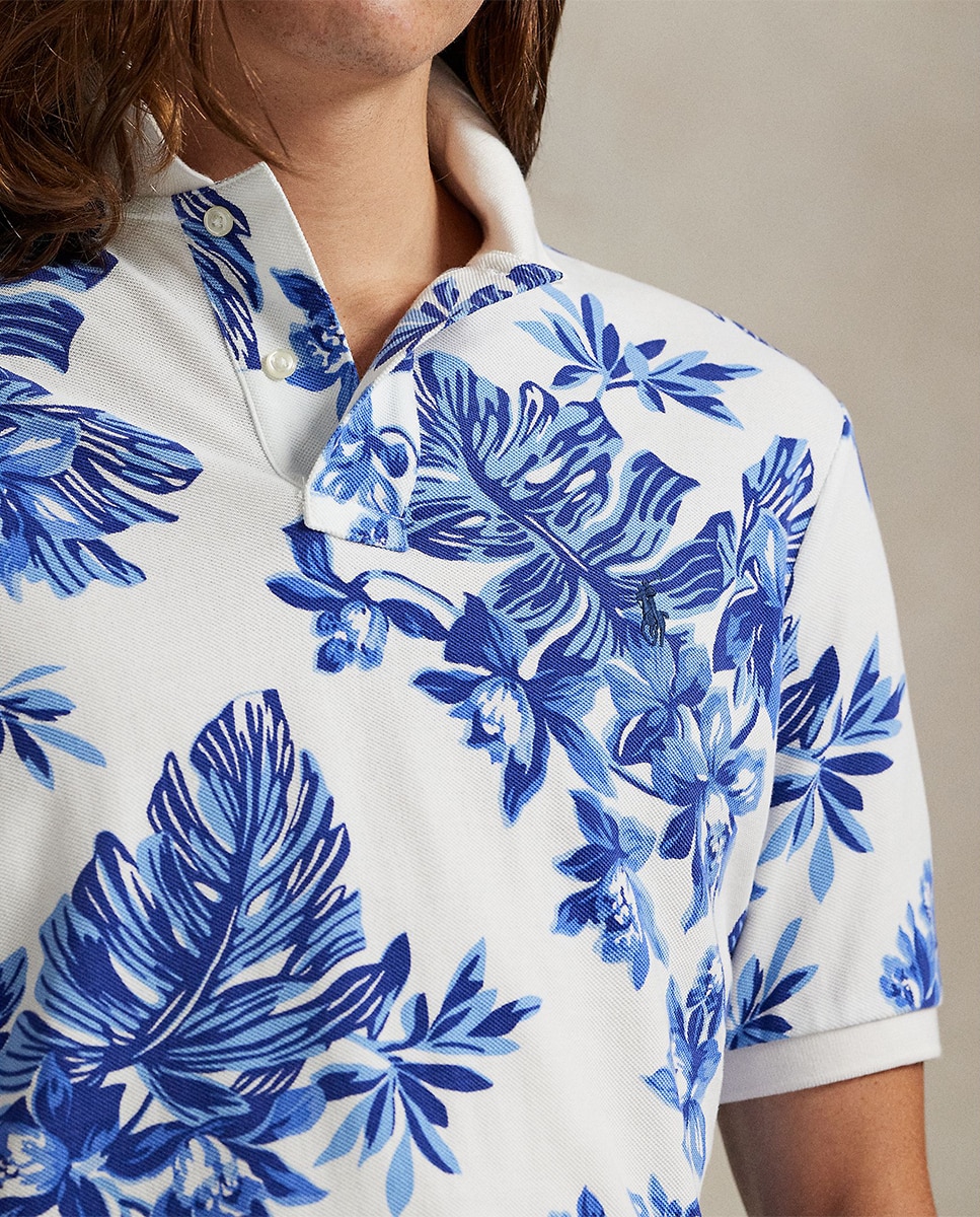 Polo de Piqué Tropical Custom Slim Fit Branco / Azul-3