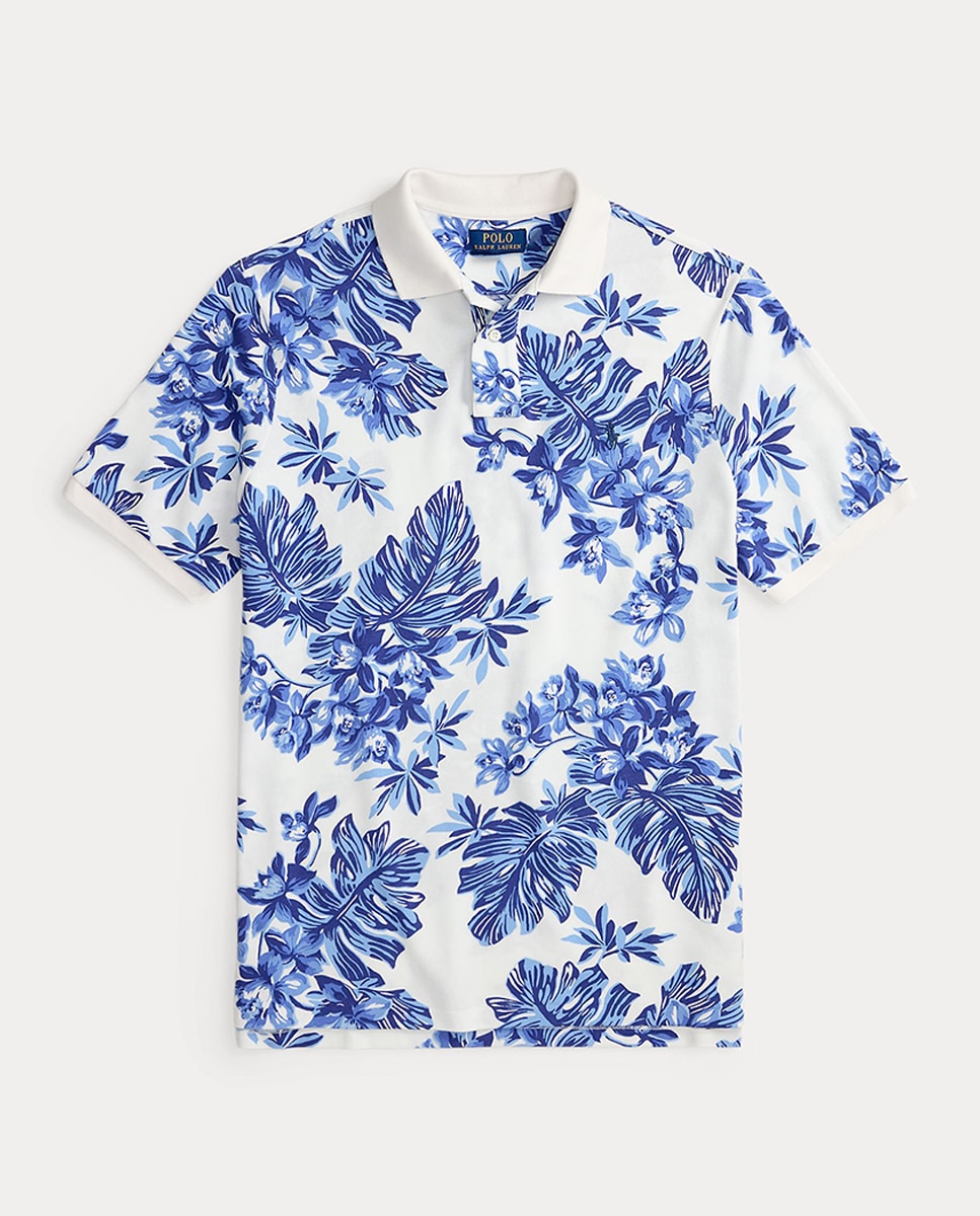 Polo de Piqué Tropical Custom Slim Fit Branco / Azul-5
