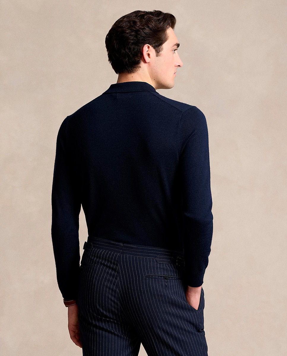 Camisola de Malha com Colarinho de Polo e em Lã Azul-marinho-3
