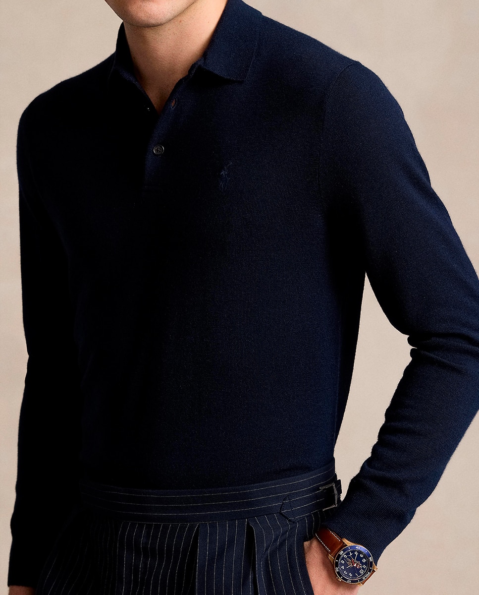 Camisola de Malha com Colarinho de Polo e em Lã Azul-marinho-4