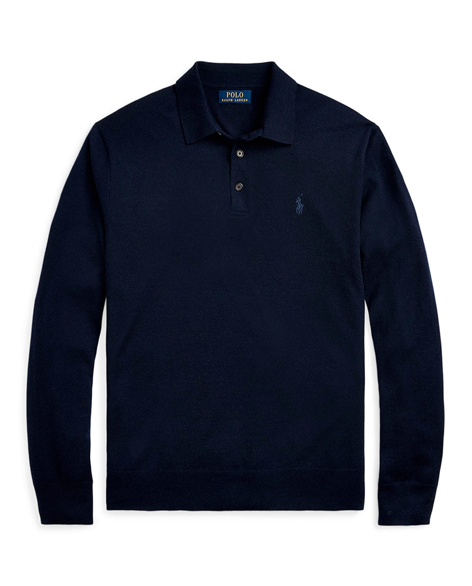 Camisola de Malha com Colarinho de Polo e em Lã Azul-marinho-5