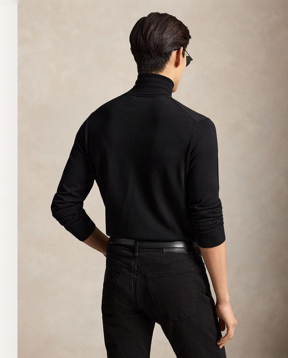 Camisola de Malha de Lã Merino com Gola Dobrada Preto-3