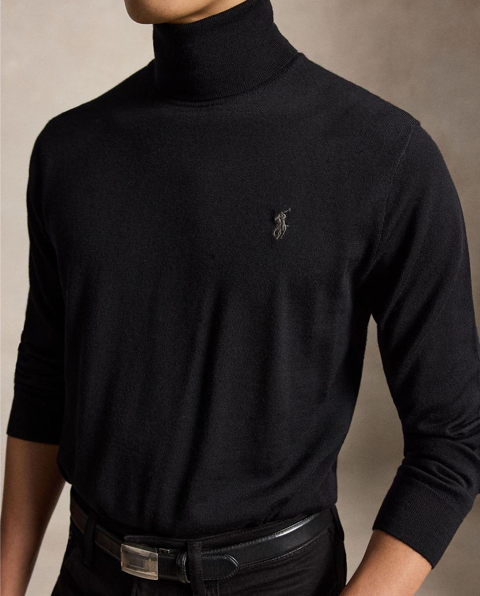 Camisola de Malha de Lã Merino com Gola Dobrada Preto-4