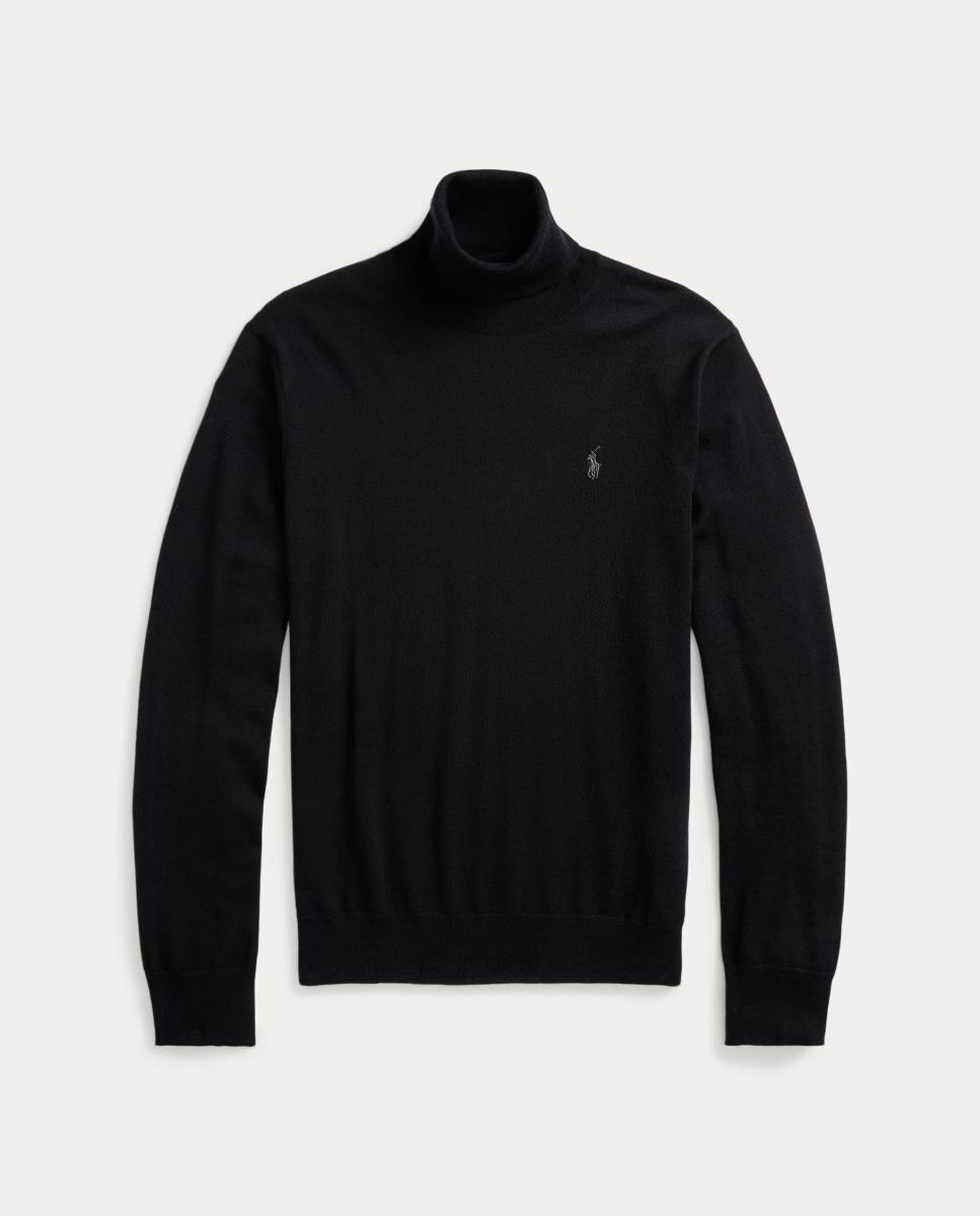 Camisola de Malha de Lã Merino com Gola Dobrada Preto-5