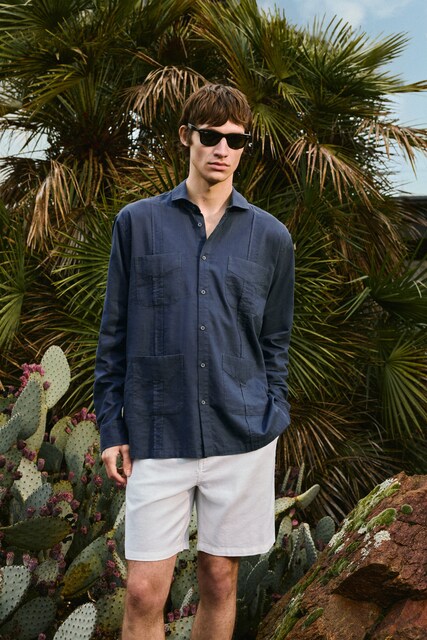 Camisa lisa de lino de hombre estilo guayabera