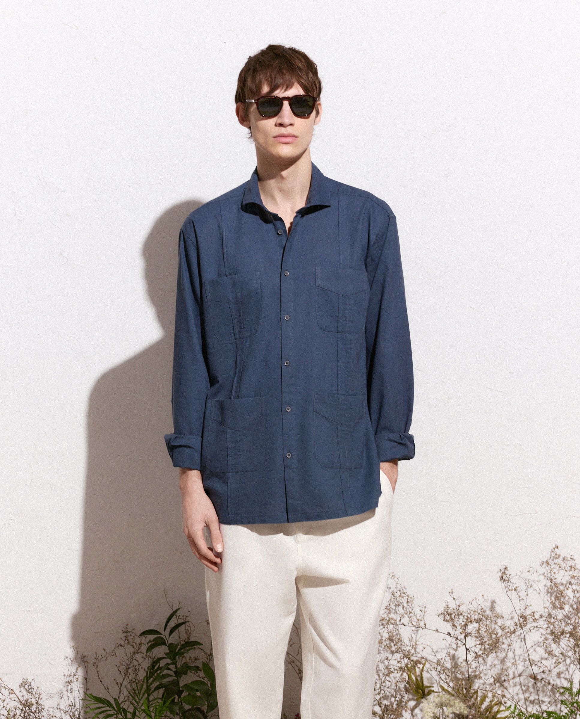 Camisa Lisa de Linho Estilo Guayabera 400 Azul-2
