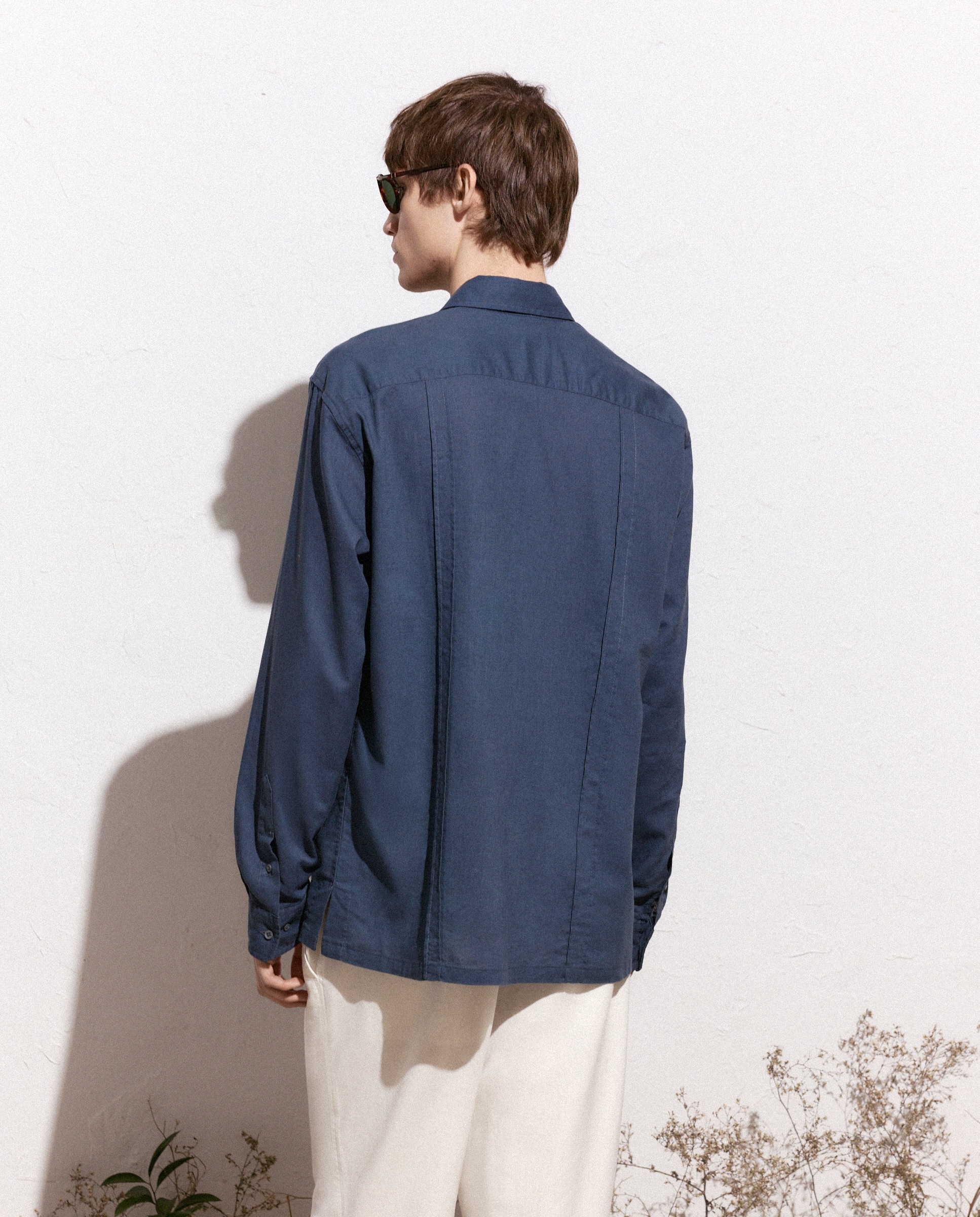 Camisa Lisa de Linho Estilo Guayabera 400 Azul-3