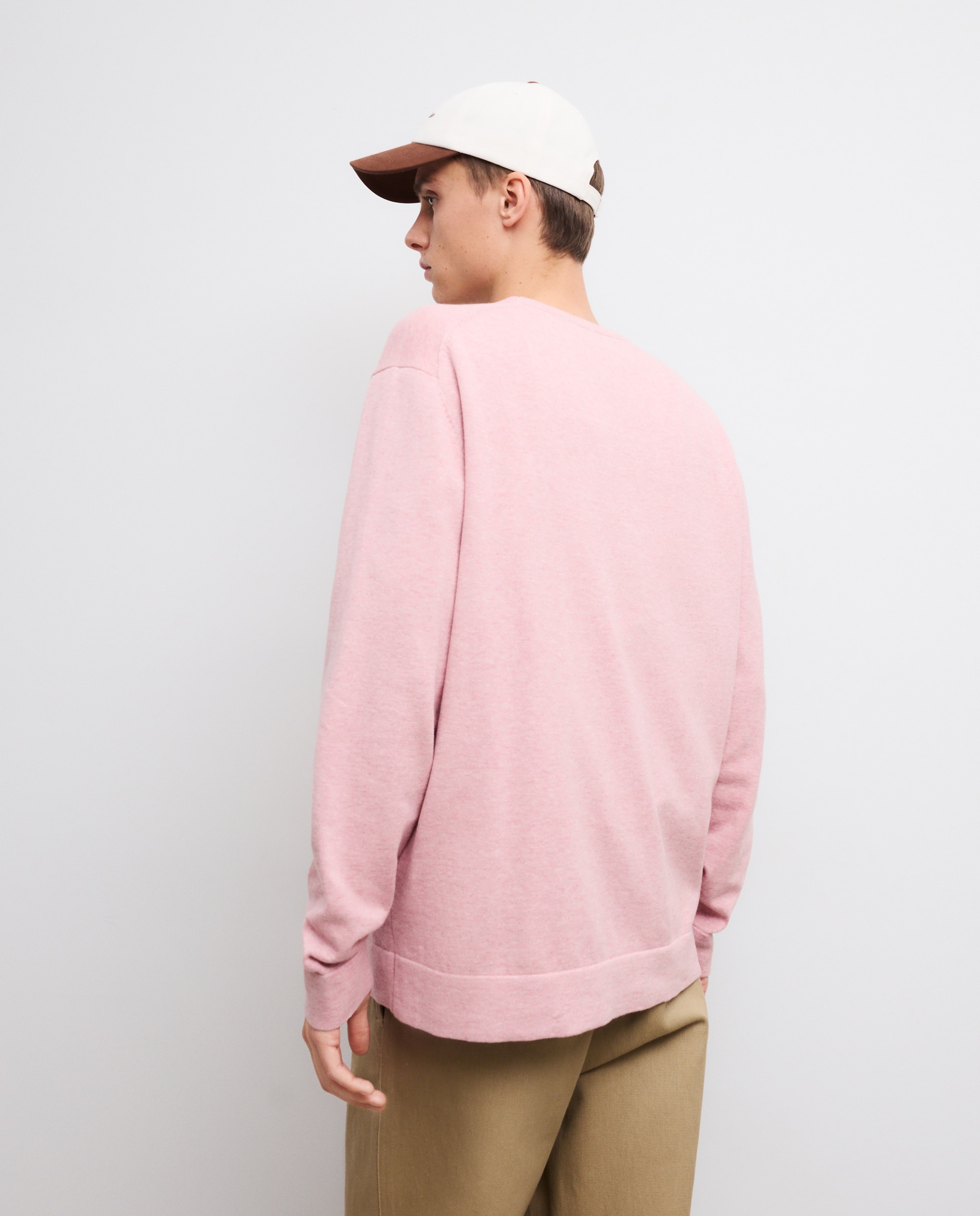 Camisola de Malha Lisa Básica com Decote Redondo Rosa-claro-3