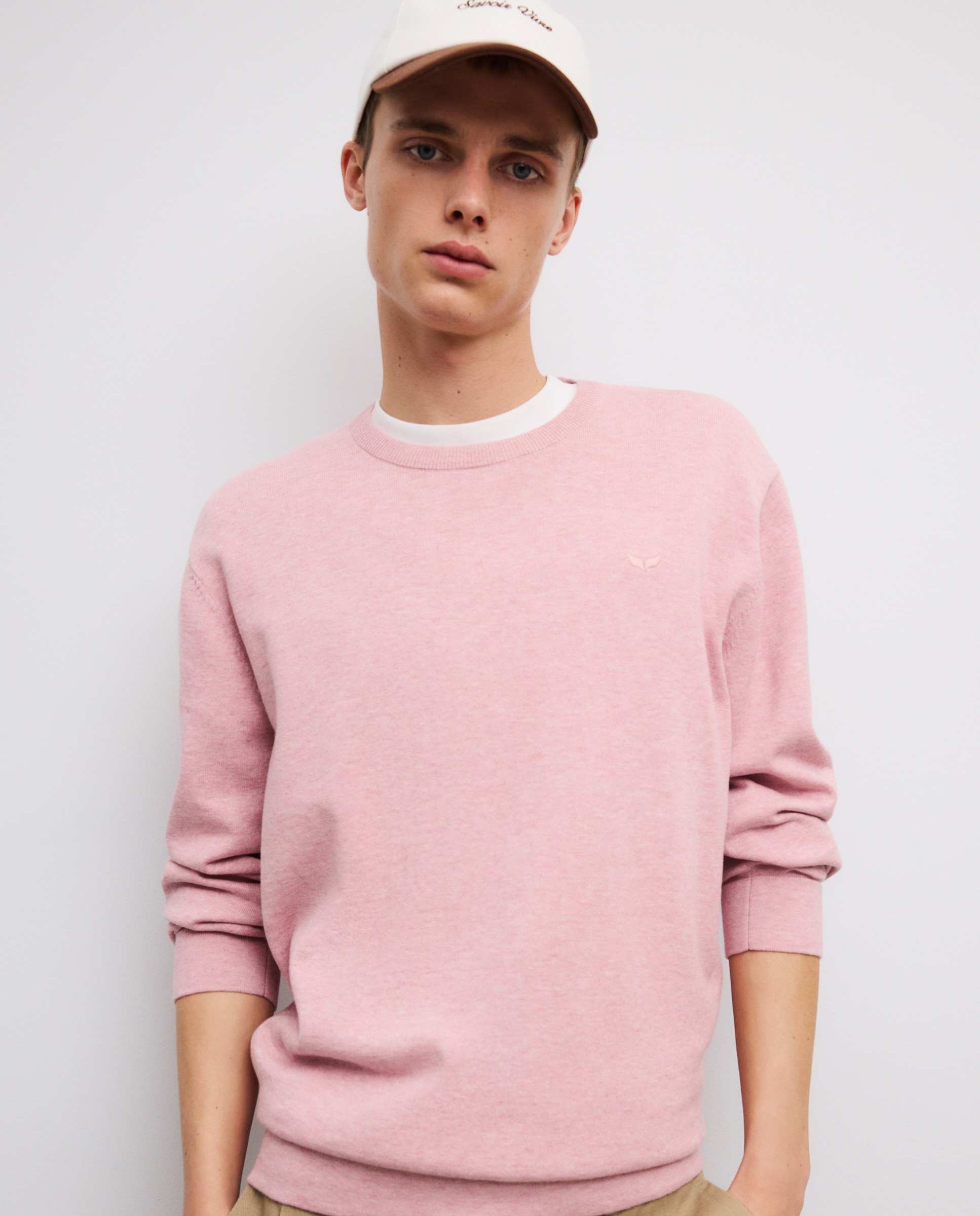 Camisola de Malha Lisa Básica com Decote Redondo Rosa-claro-4