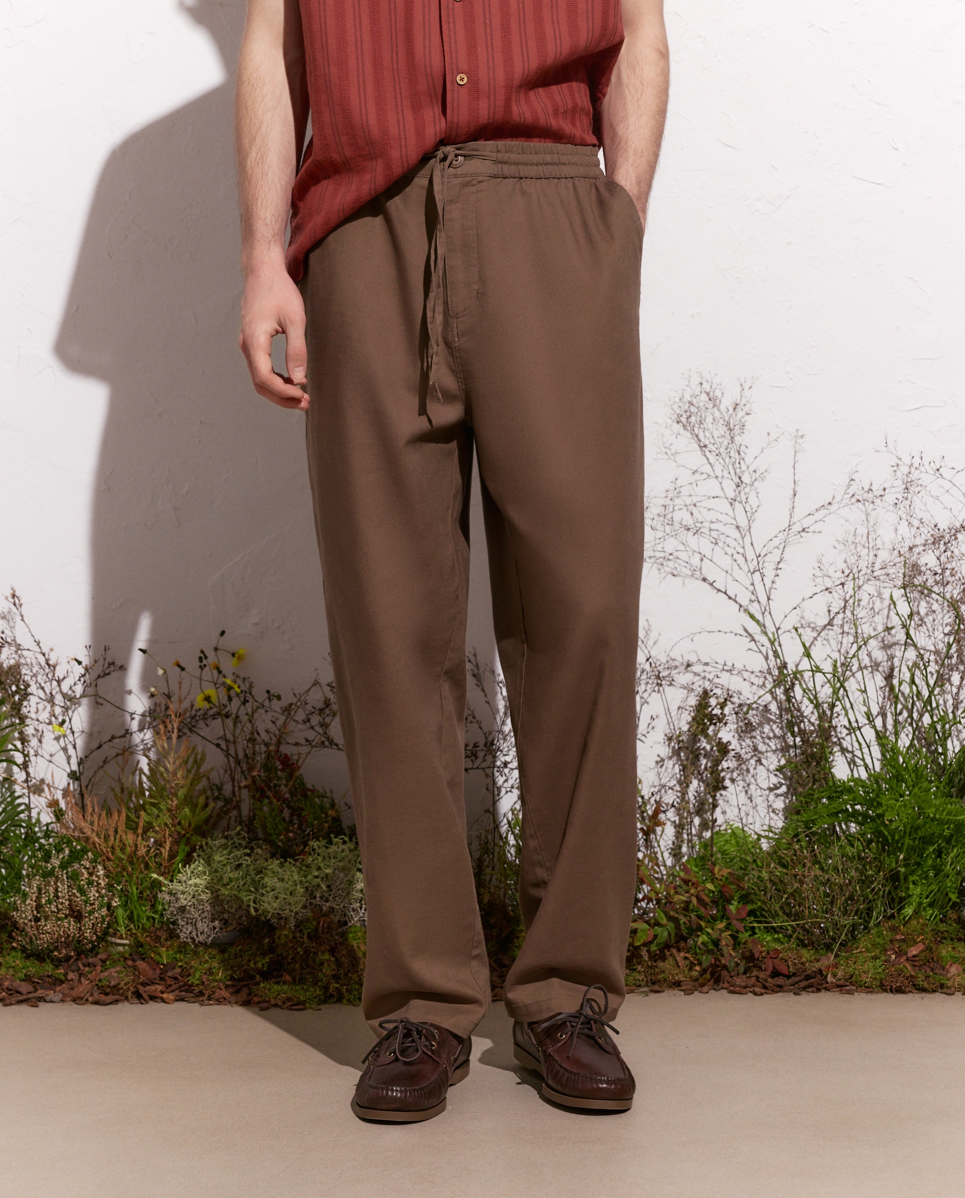 Calças em Tecido de Linho e Algodão Visom-Escuro-2