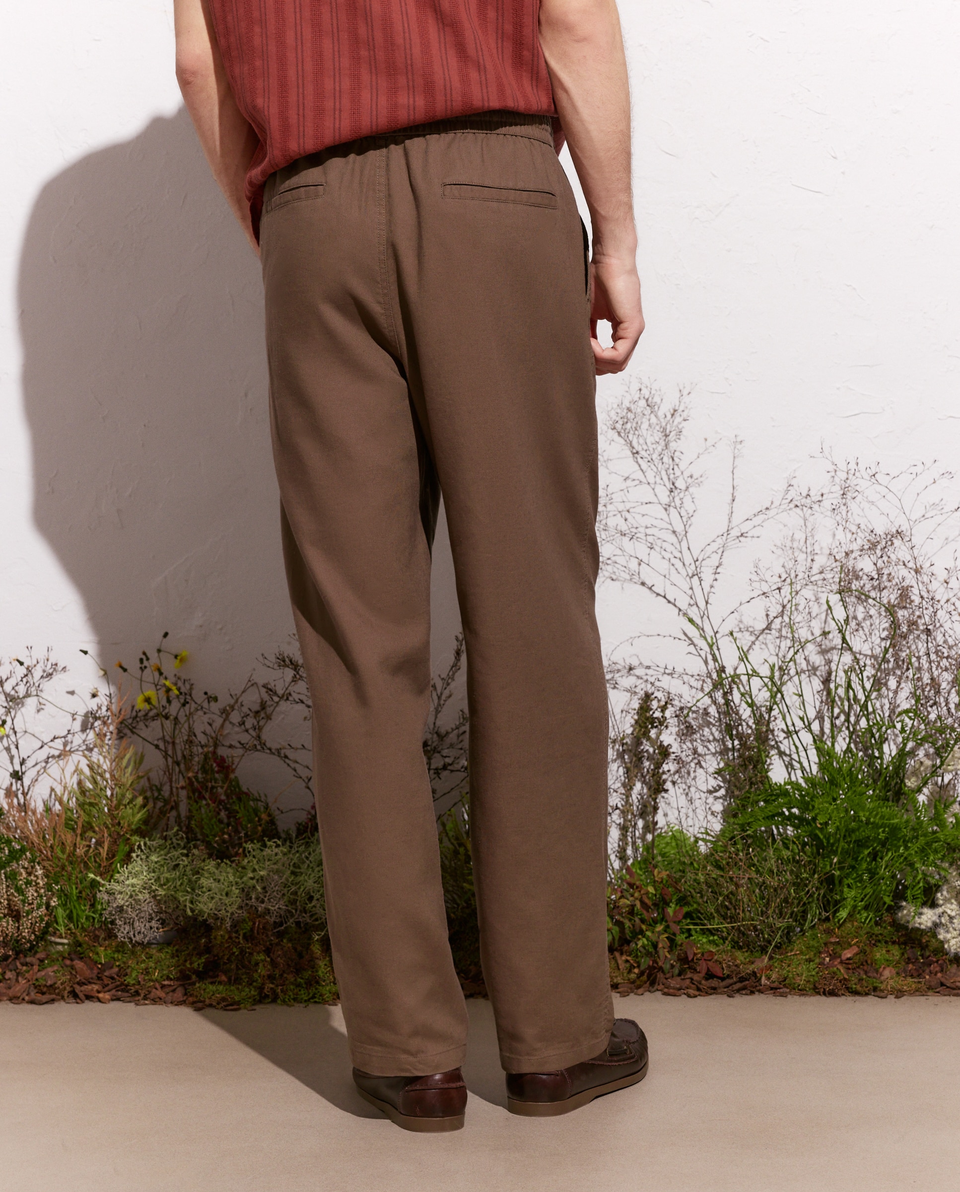 Calças em Tecido de Linho e Algodão Visom-Escuro-3