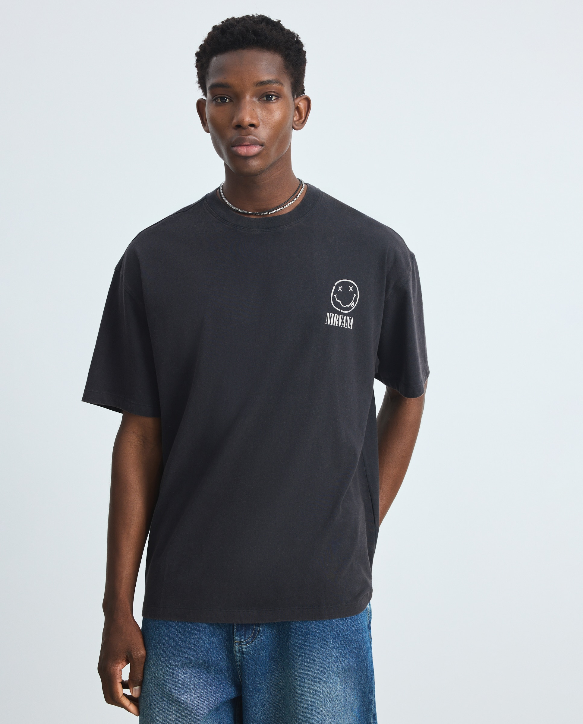 T-shirt de Manga Curta com Estampado de Música Nirvana Preto-2