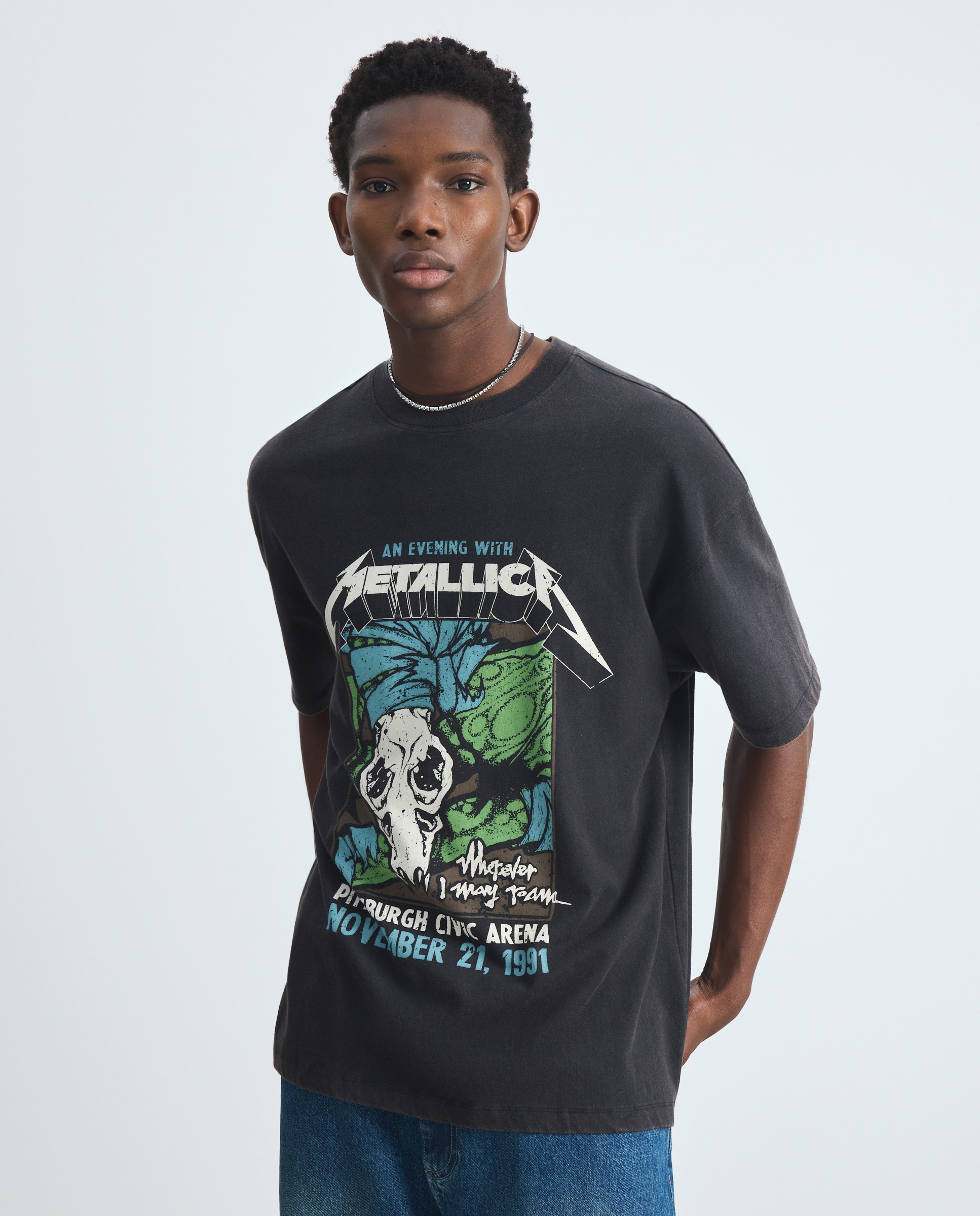 T-shirt de Manga Curta com Estampado de Música Metallica Preto-2