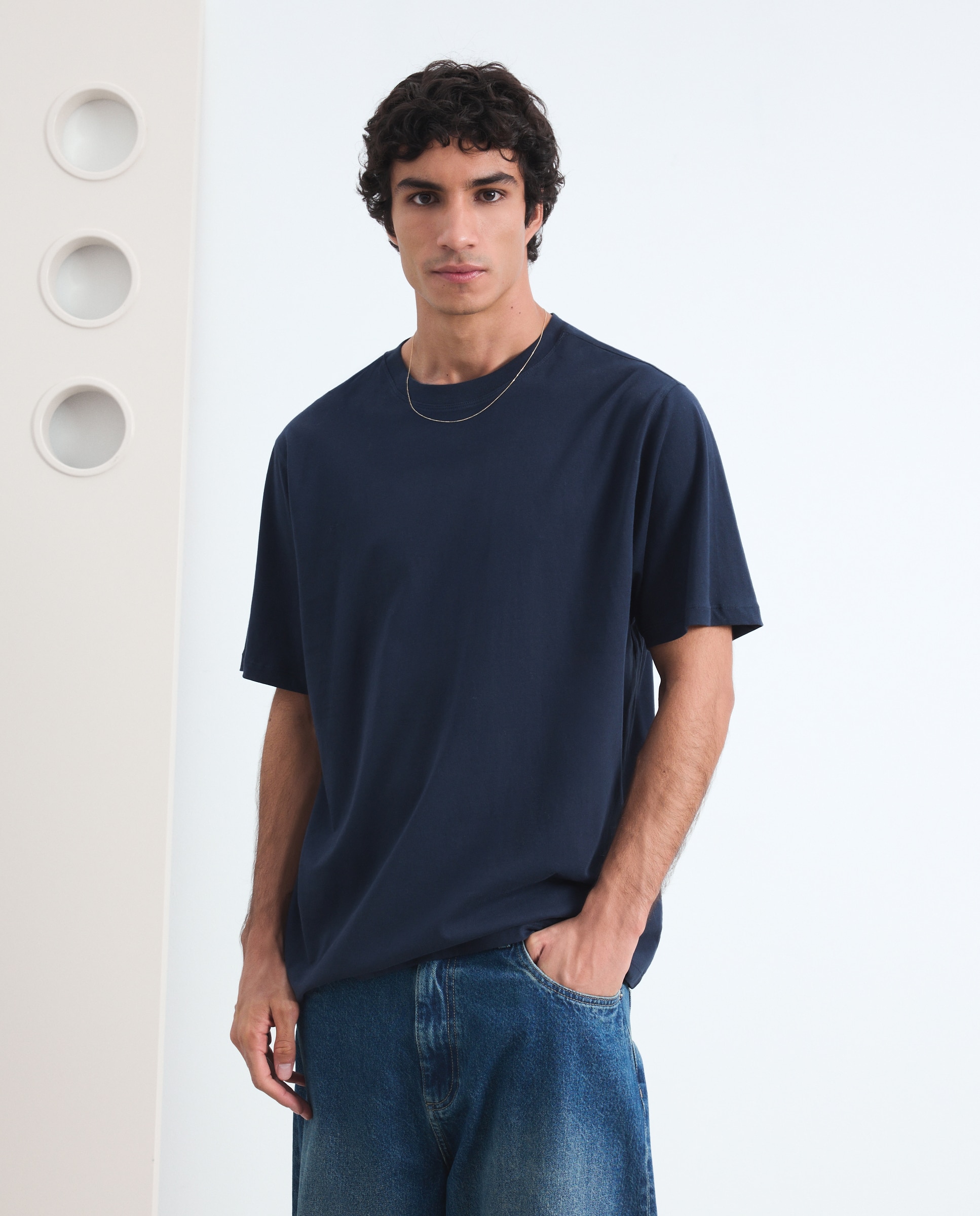 Camiseta de hombre en algodón blanca de manga corta - Green Coast - Azul marino Azul marino-2