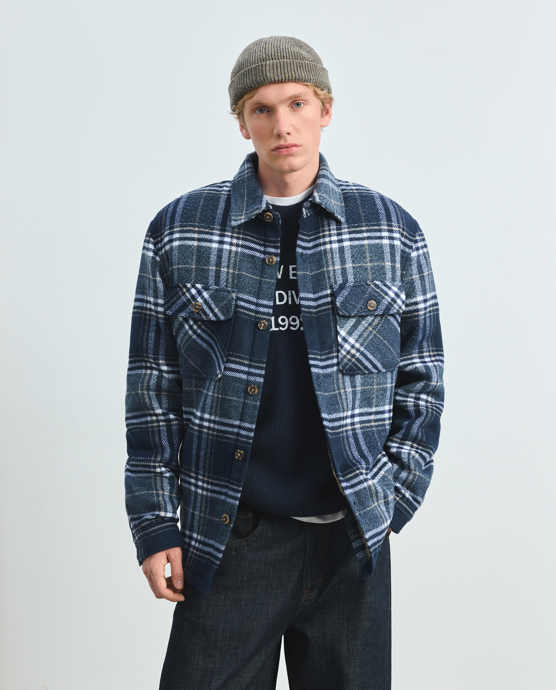 Sobrecamisa de hombre en tejido de cuadros con forro borrego - Green Coast - Azul Azul-2
