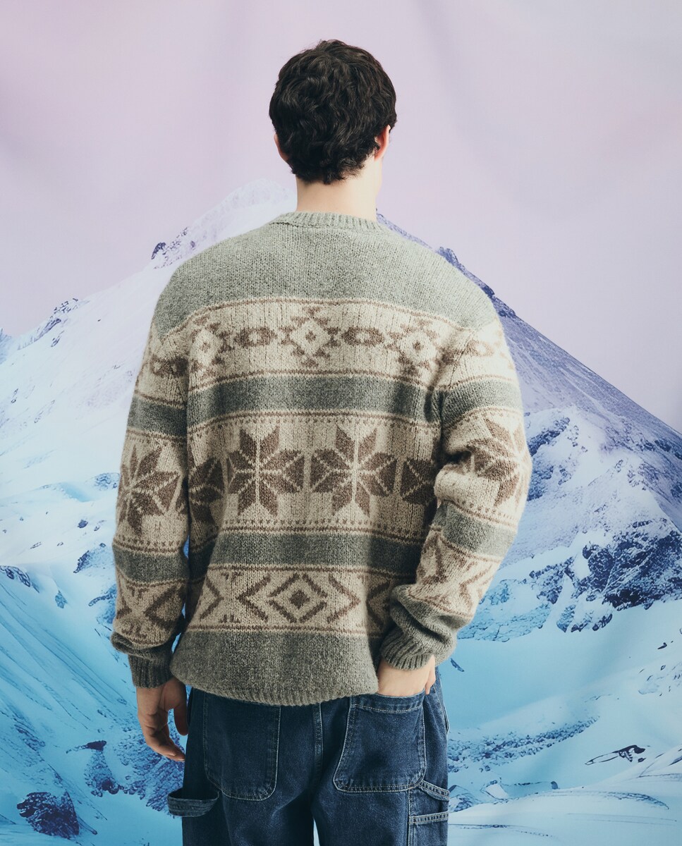 Camisola de Malha de Gola Redonda com Jacquard de Motivos Natalícios Preto-3