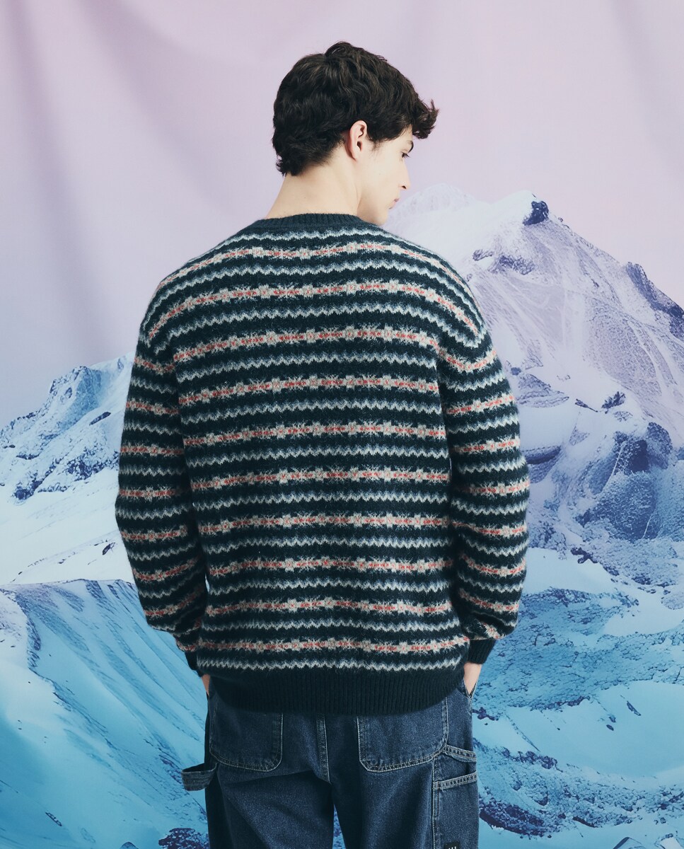 Camisola de Malha de Gola Redonda com Jacquard de Motivos Natalícios Azul-4