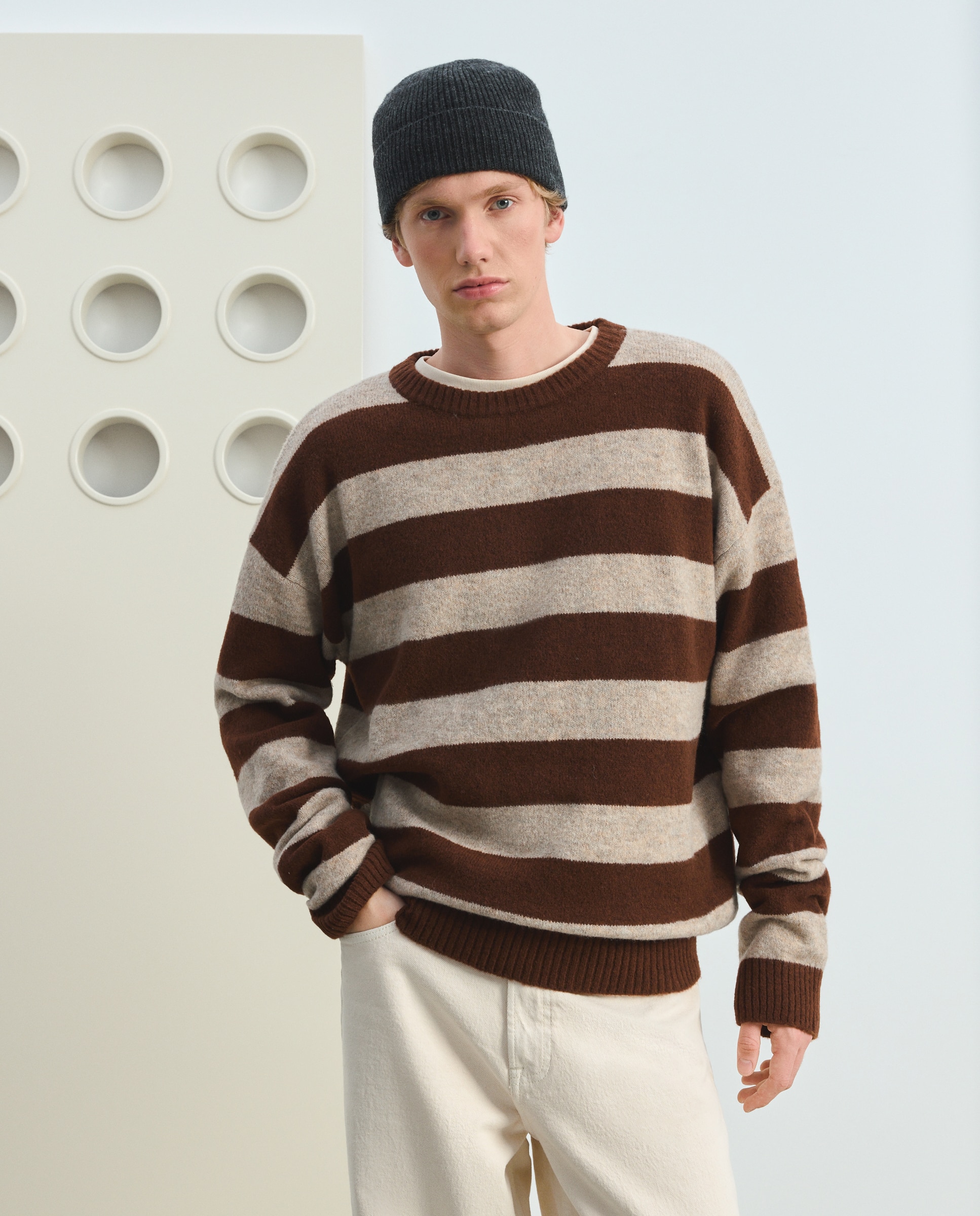 Camisola de Malha às Riscas Soft com Decote Redondo 740 Tabaco-2