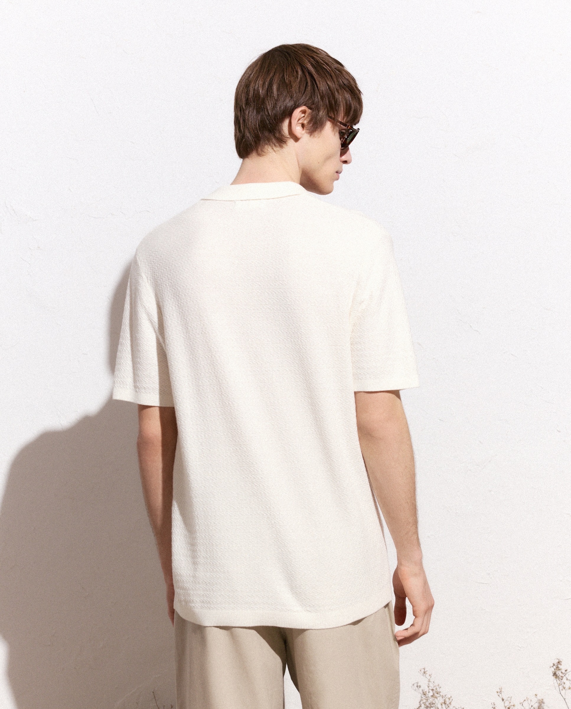 Polo de Tricot com Manga Curta e Estrutura Branco-3