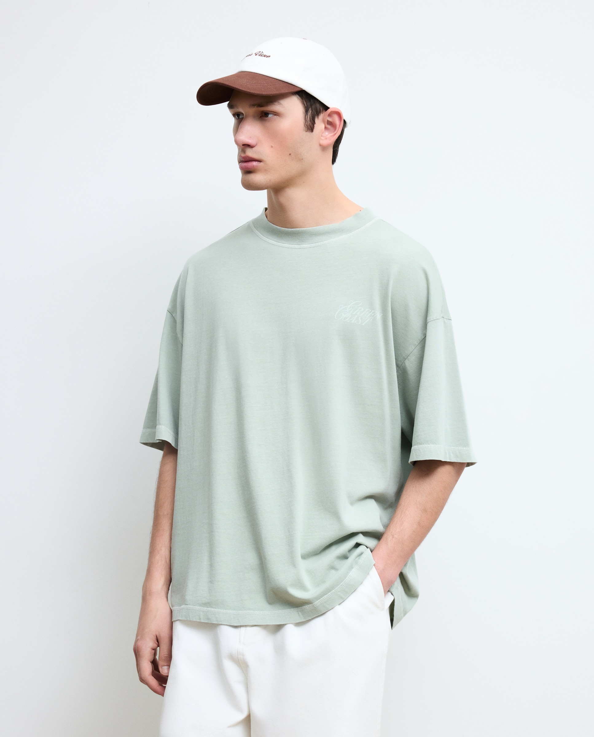 T-shirt de Manga Curta com Texto Posicional Boxy Verde-2