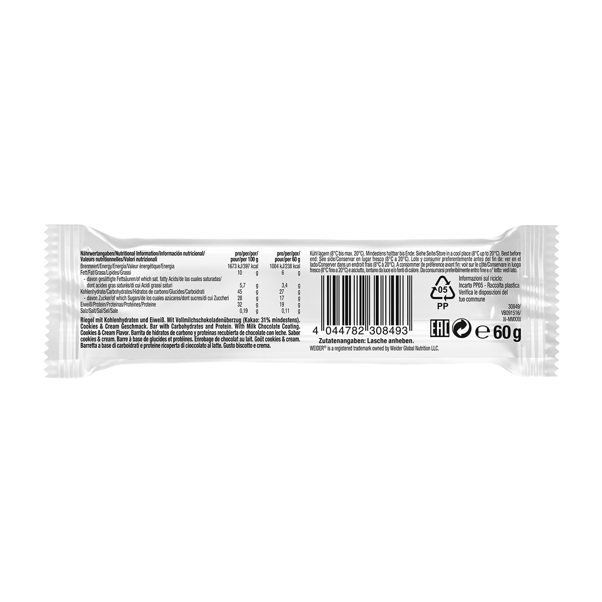 Barrita 32% Protein Bar 60 g sabor Cookies & Cream Weider 2