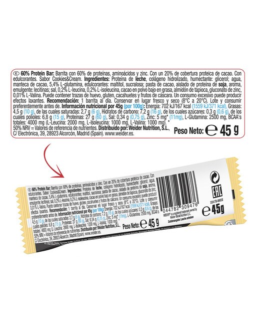 Protein Bar 60% sabor Cookies & Cream 45 g Weider 2
