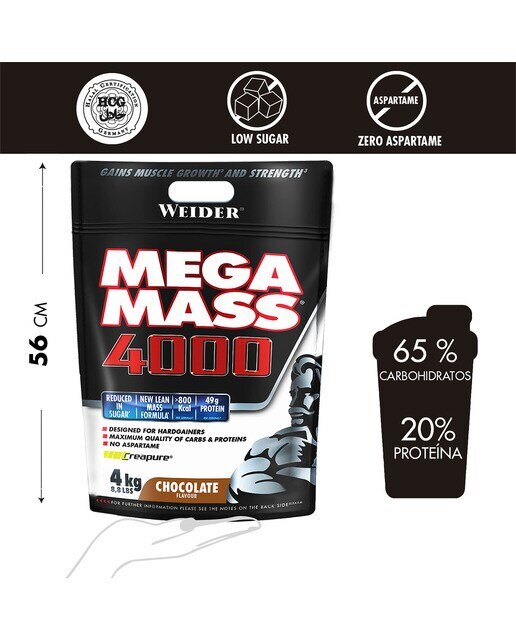 Aumentador de peso 4000 4 kg Sabor Chocolate Mega Mass 3