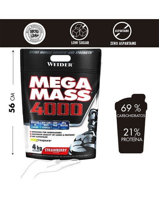 Aumentador de peso 4000 4 kg Sabor Morango Mega Mass 3