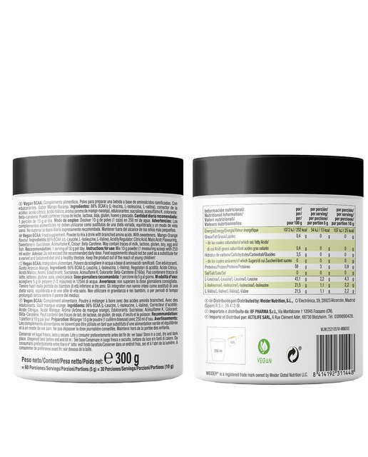Vegan BCAA 300 g Sabor Manga - Laranja Weider 2