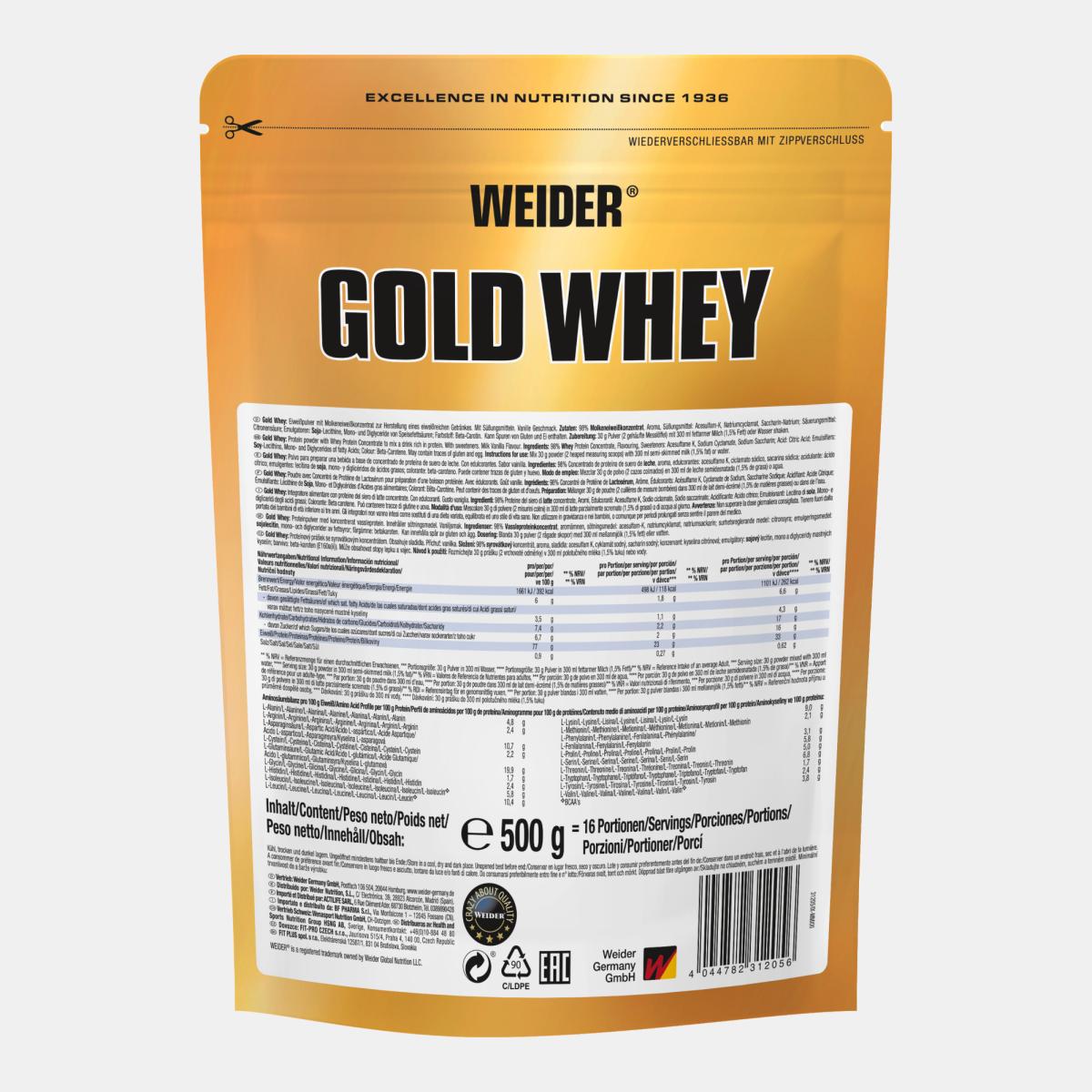 Proteína concentrada de soro de leite, GOLD WHEY 500 GRS BAUNILHA da Weider Amarelo-2