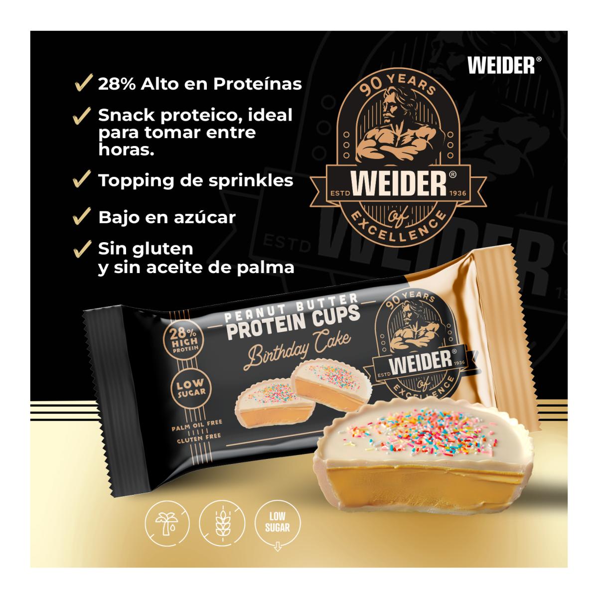 Tartelete com elevado teor proteico de Birthday Cake, PROTEIN PEANUT BUTTER CUPS BIRTHDAY CAKE da Weider Dourado-4