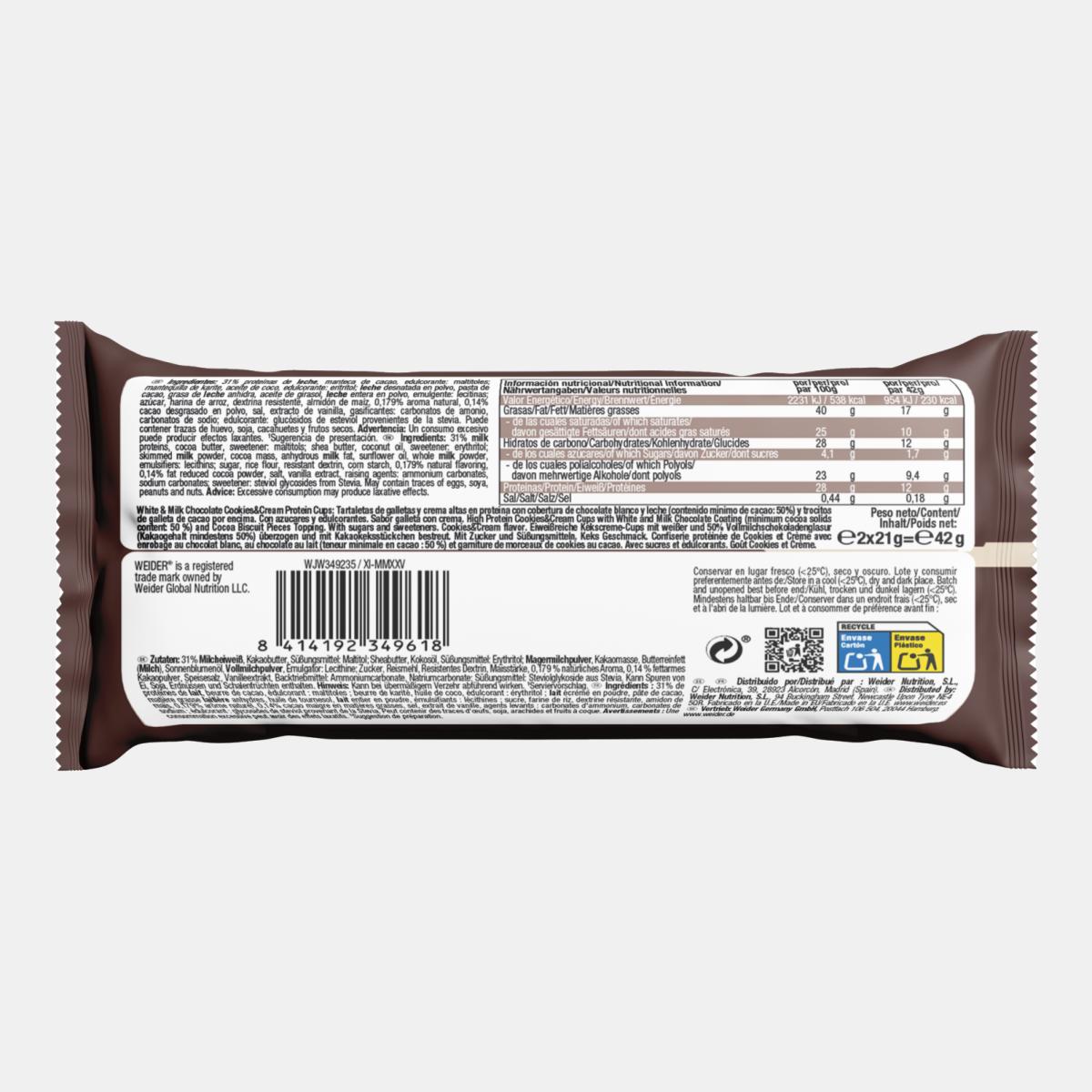 Tartelete com elevado teor de proteína, com sabor a bolacha e creme, PROTEIN CUPS COOKIES&CREAM 42G WEIDER Castanho-2