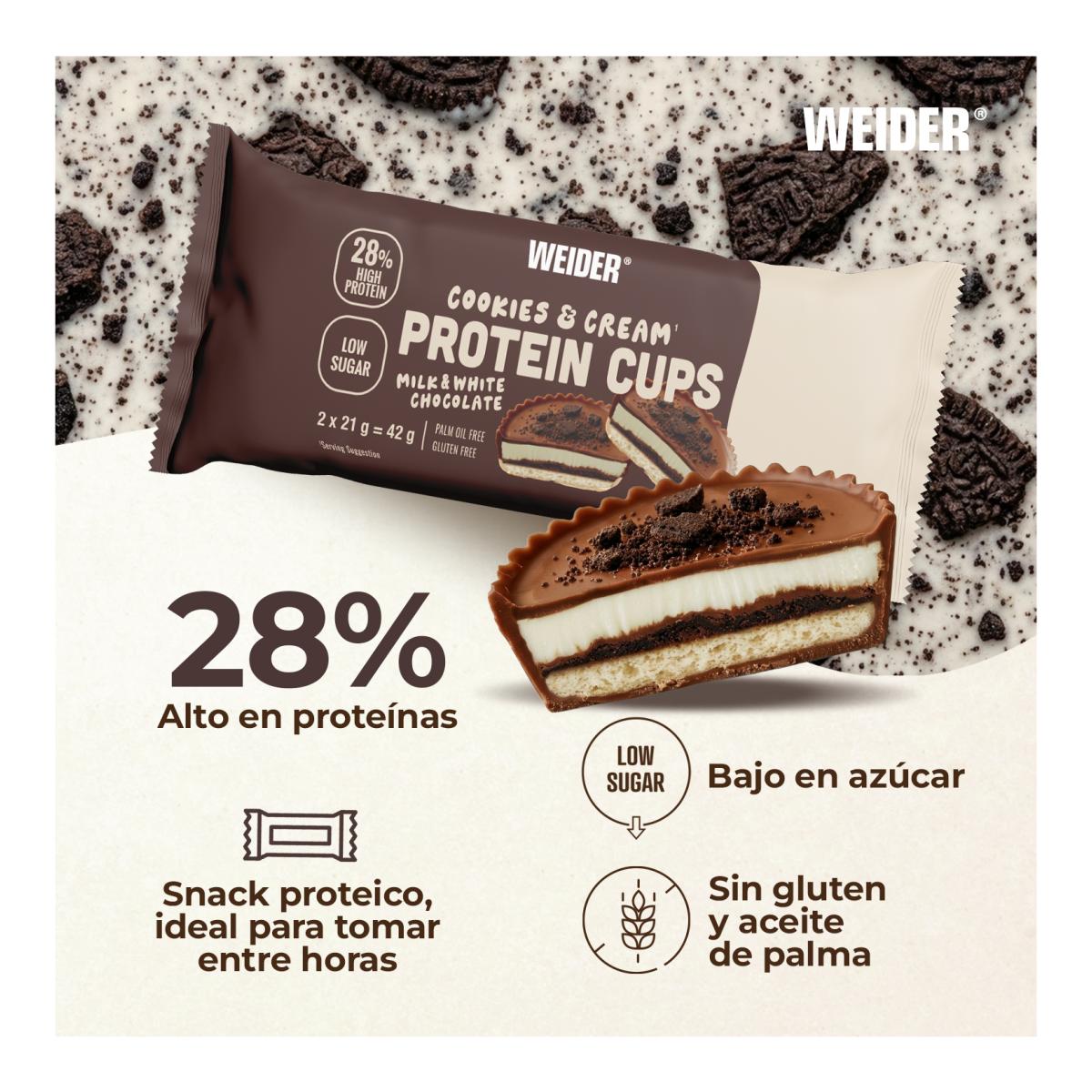 Tartelete com elevado teor de proteína, com sabor a bolacha e creme, PROTEIN CUPS COOKIES&CREAM 42G WEIDER Castanho-3