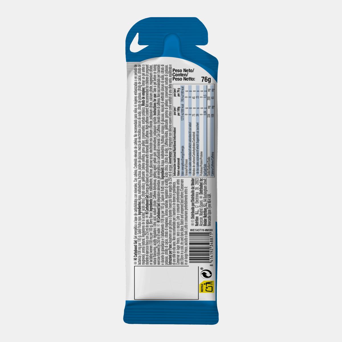 Gel com elevado teor de hidratos de carbono na proporção de 1:0,8, HI CARBOBOOST 1.0.8 GEL 76G BERRY CAFFEINE da VICTORY ENDURANCE Azul-2