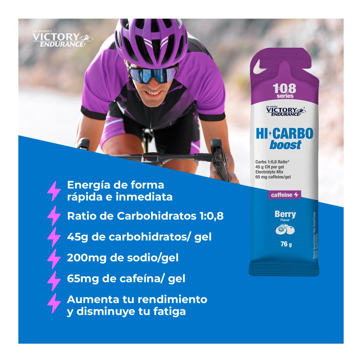 Gel com elevado teor de hidratos de carbono na proporção de 1:0,8, HI CARBOBOOST 1.0.8 GEL 76G BERRY CAFFEINE da VICTORY ENDURANCE Azul-3