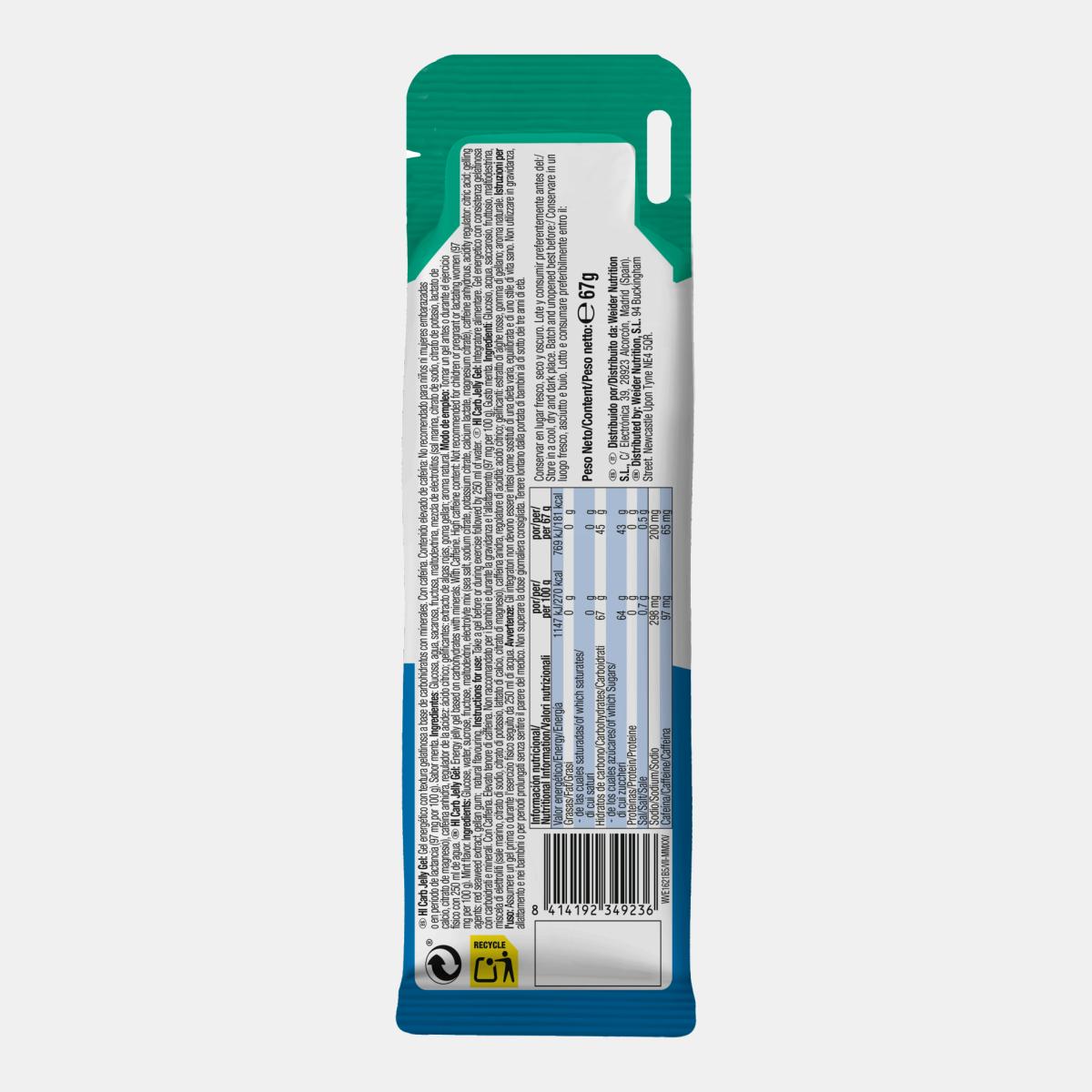 Gel com elevado teor de hidratos de carbono na proporção de 1:0,8, com textura gelatinosa, HI CARBO JELLY GEL 67G CAFFEINE MINT VICTORY da ENDURANCE Azul-2