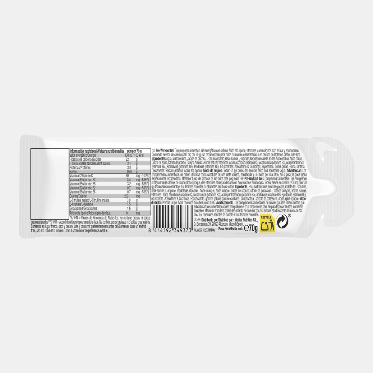 Gel com cafeína para pré-treino 70g Cola Lime Blast de Weider Vermelho-2