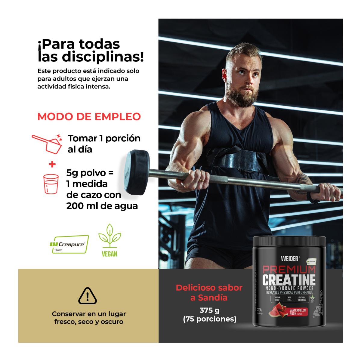Creatina monohidrato 100% Creapure Premium Creatine 375g Melancia Weider Vermelho-6