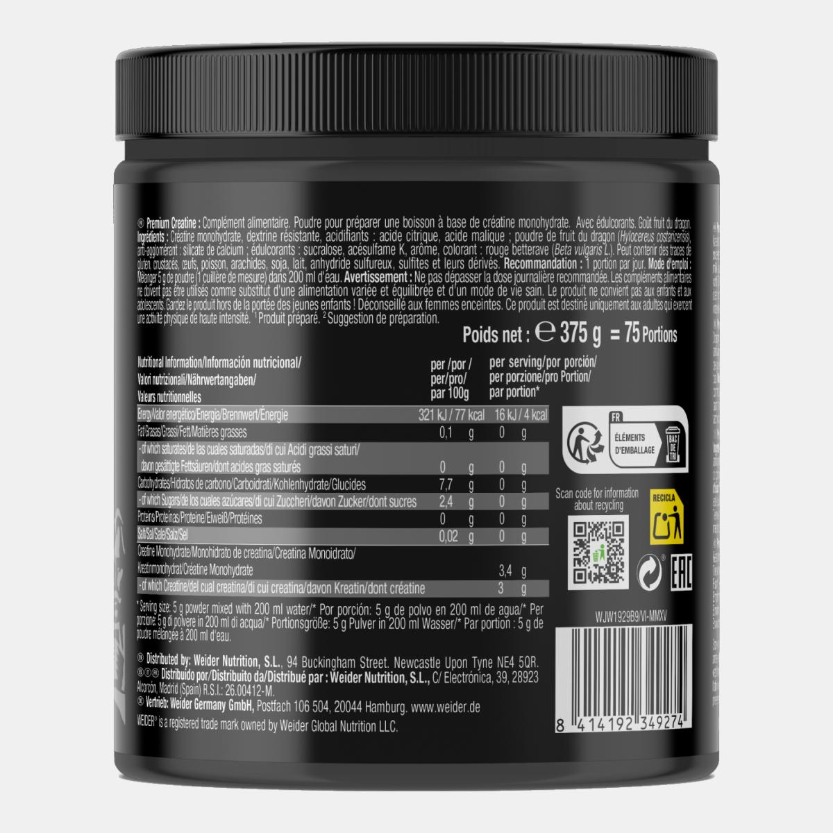 Creatina monohidrato 100% Creapure Premium Creatine 375g Tropical Dragonfruit Weider Vermelho-3