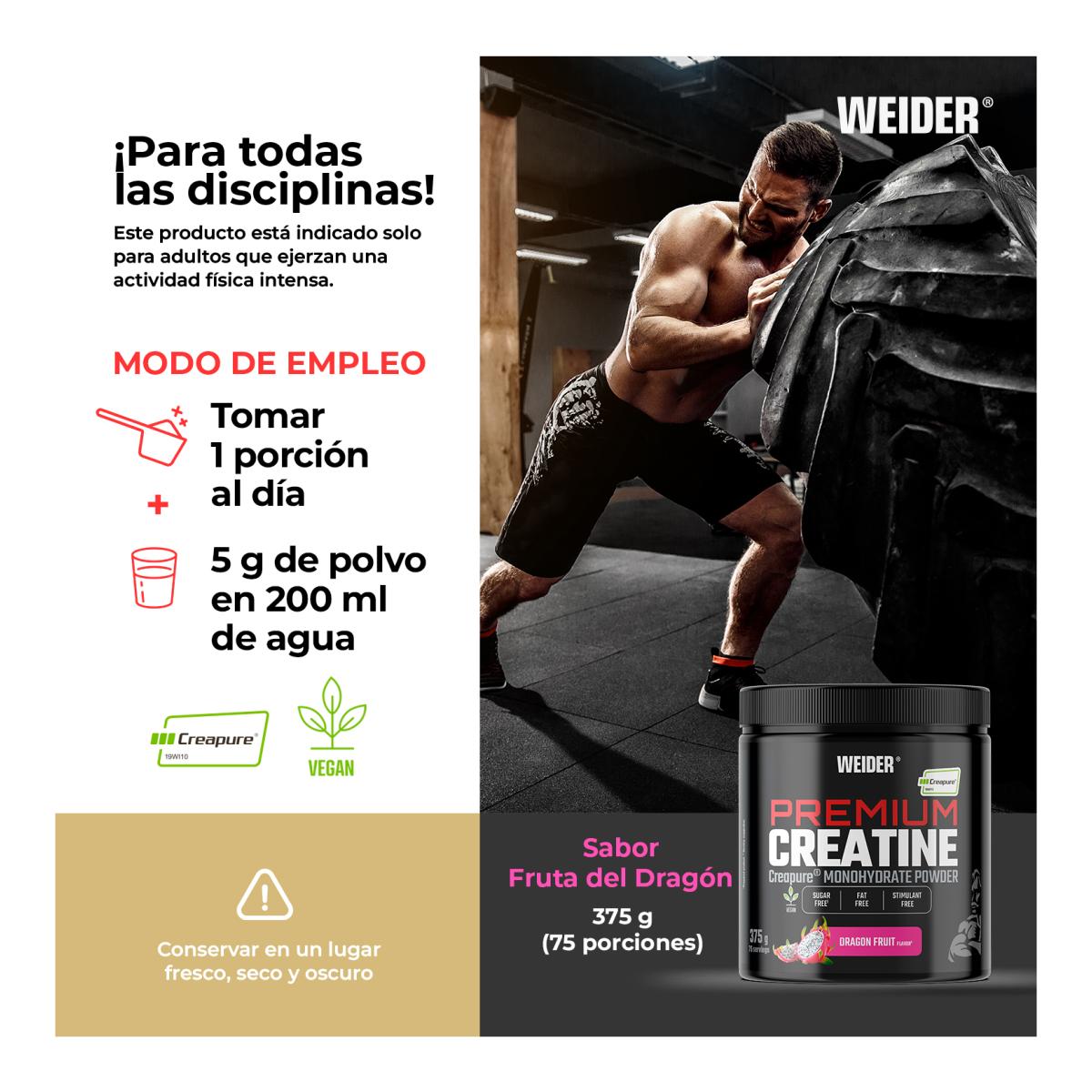 Creatina monohidrato 100% Creapure Premium Creatine 375g Tropical Dragonfruit Weider Vermelho-8