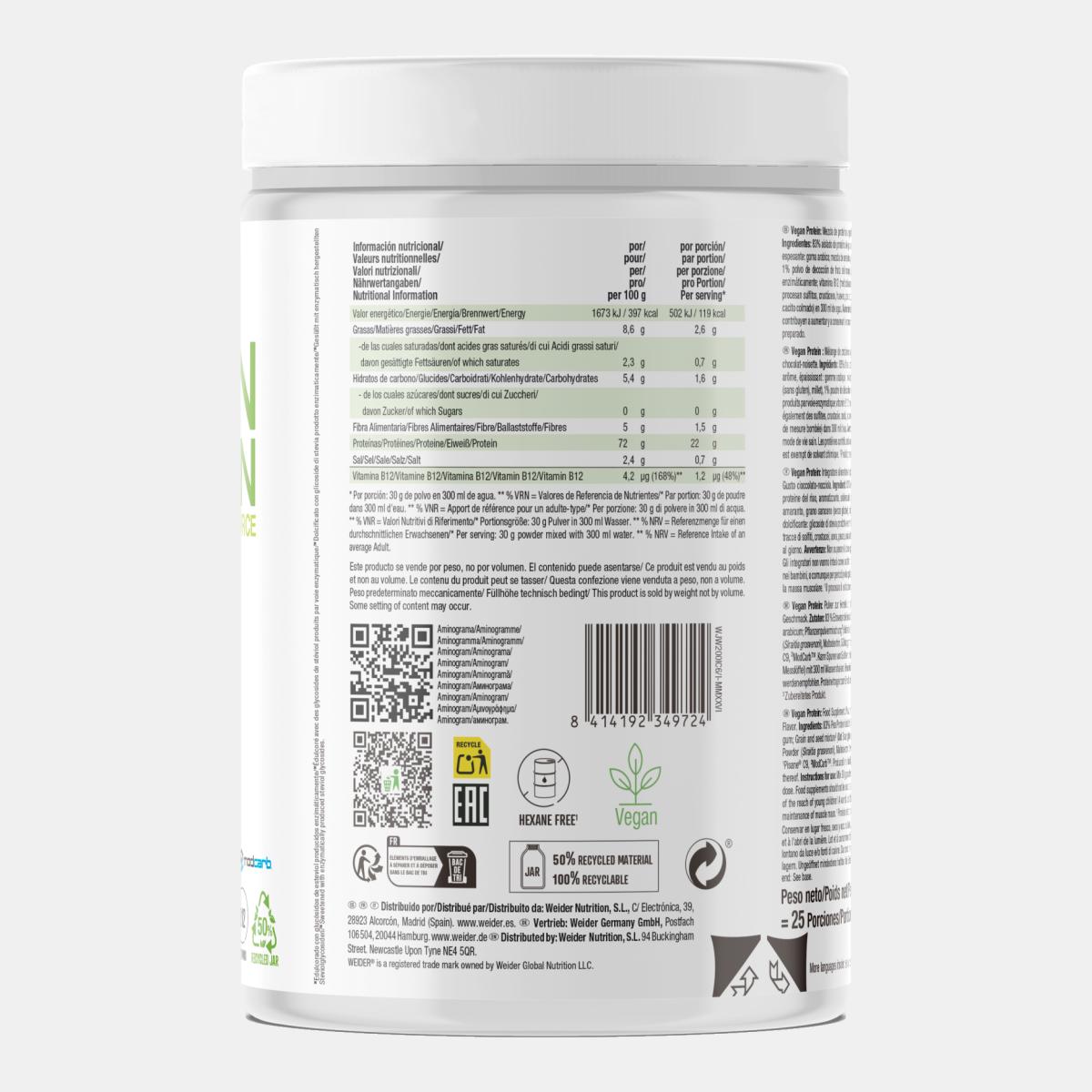 Proteína 100% vegetal à base de isolado de ervilha e concentrado de arroz, VEGAN PROTEIN 750G CHOCO HAZELNUT da Weider Verde-3
