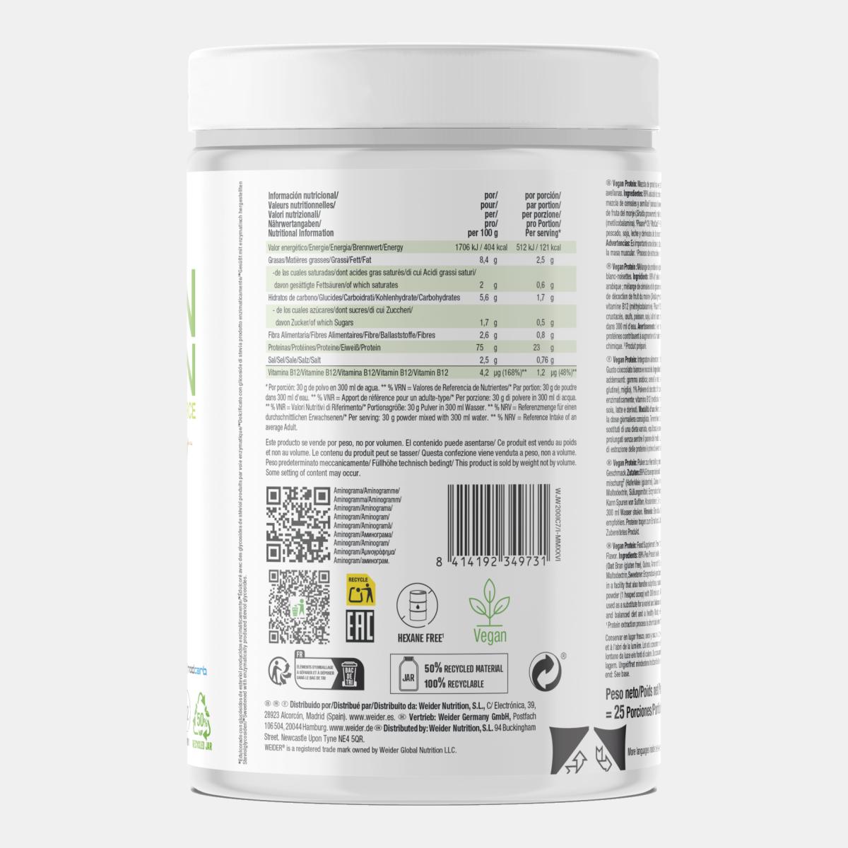 Proteína 100% vegetal à base de isolado de ervilha e concentrado de arroz, VEGAN PROTEIN 750G WHITE CHOCO HAZELNUT da Weider Verde-3