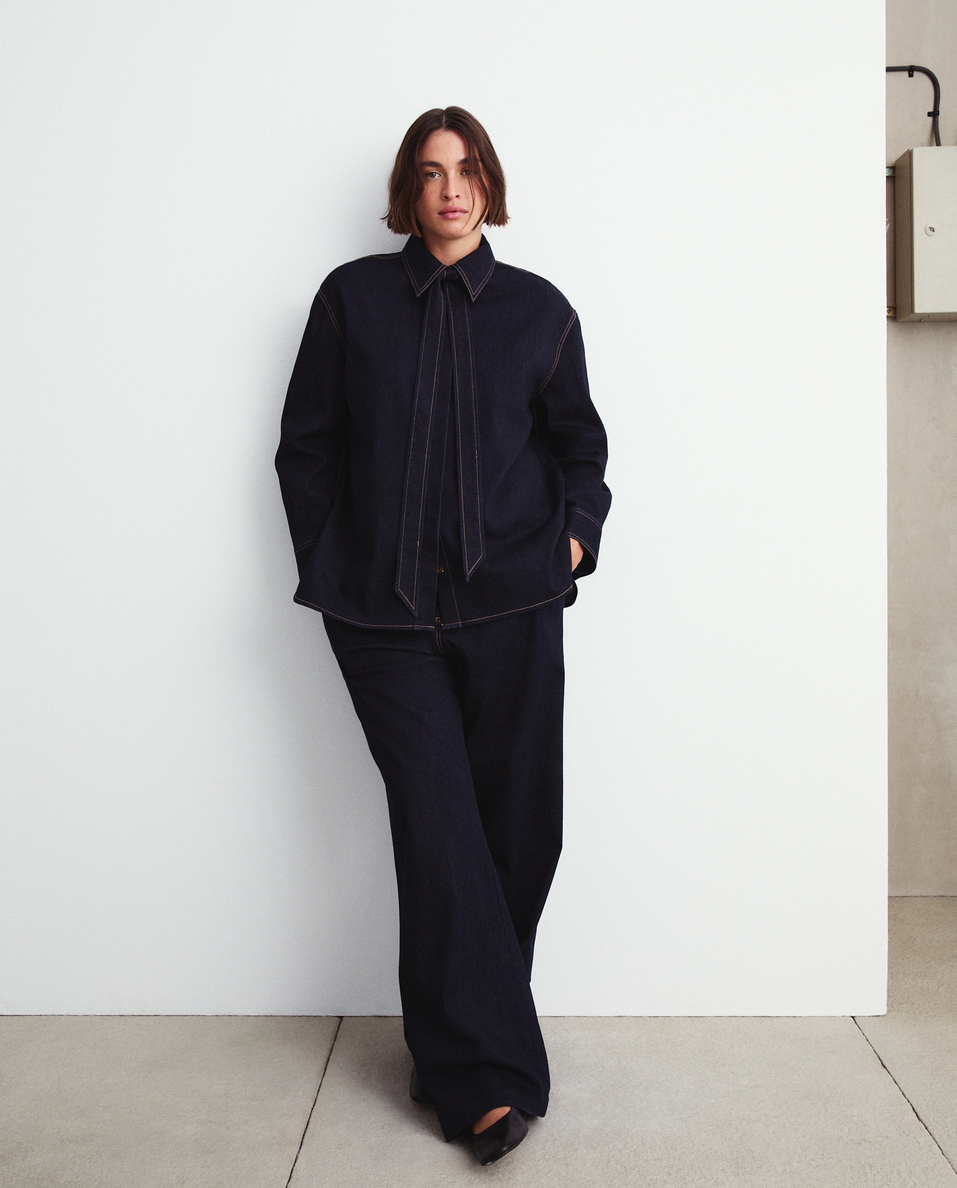 Camisa de Efeito de Ganga com Laço Azul Suave-1