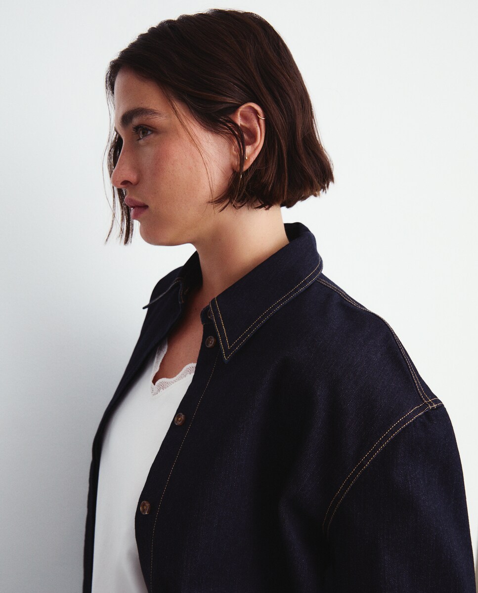 Camisa de Efeito de Ganga com Laço Azul Suave-3