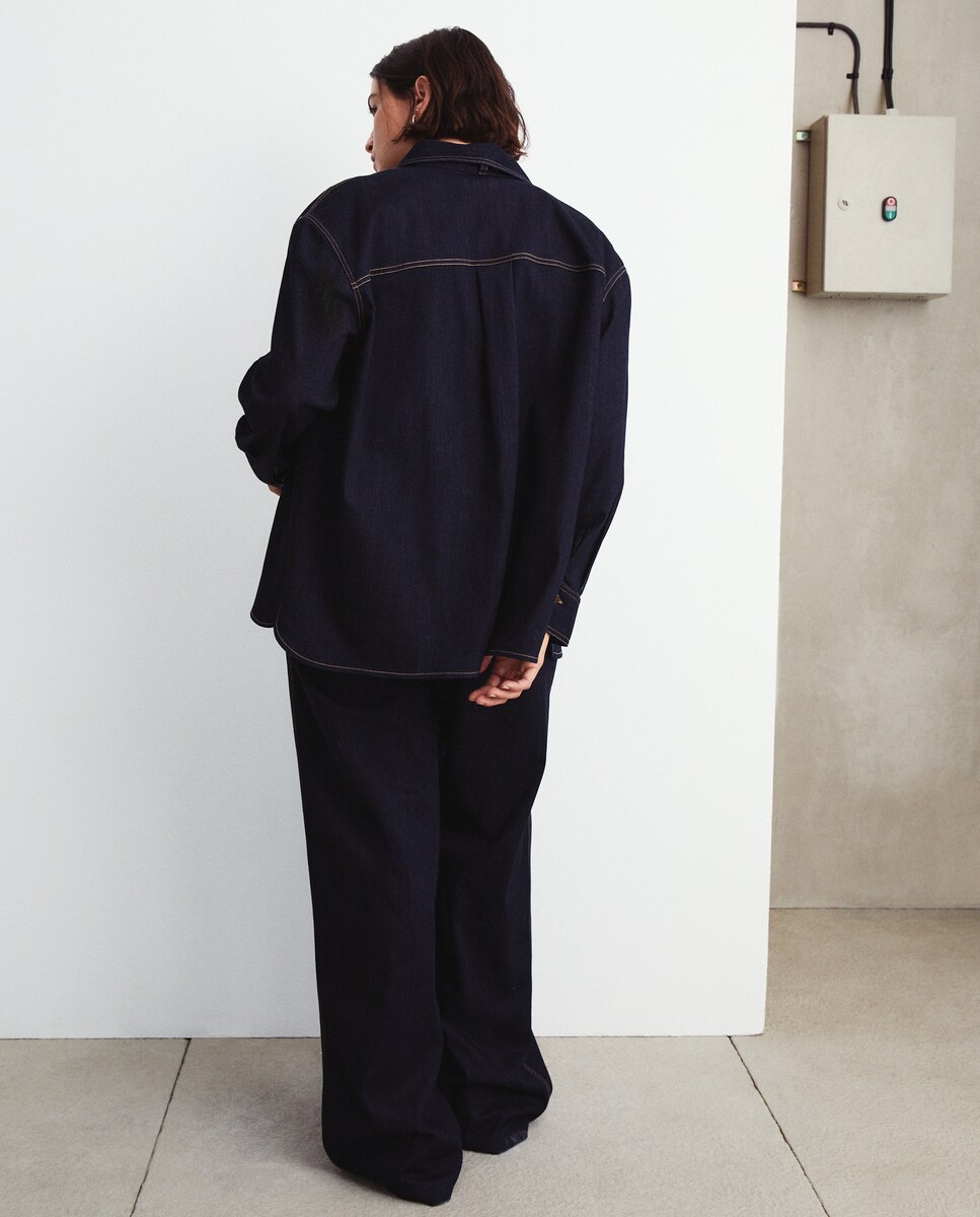 Camisa de Efeito de Ganga com Laço Azul Suave-4