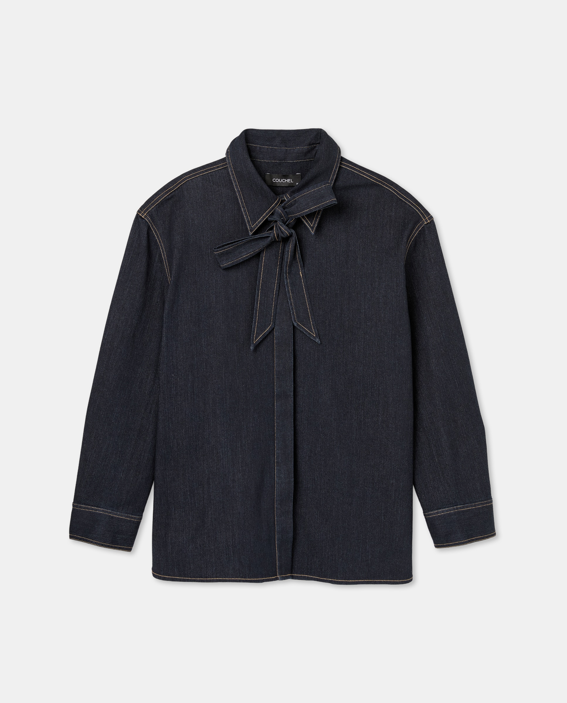 Camisa de Efeito de Ganga com Laço Azul Suave-5